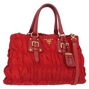 PRADA Hand Bag Nylon Leather 2way Red Gold Auth 155077